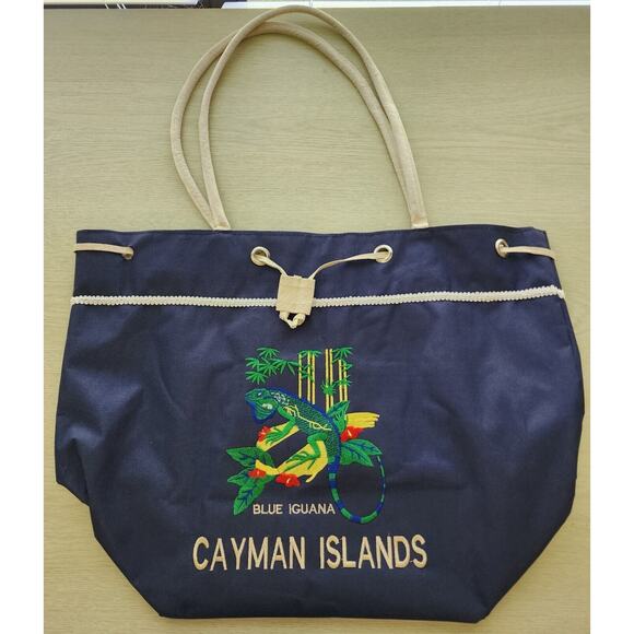 CANVAS TOTE-CAYMAN ISLANDS-BLUE IGUANA-Embroidered-Dark Blue-Beach Bag - Picture 1 of 16